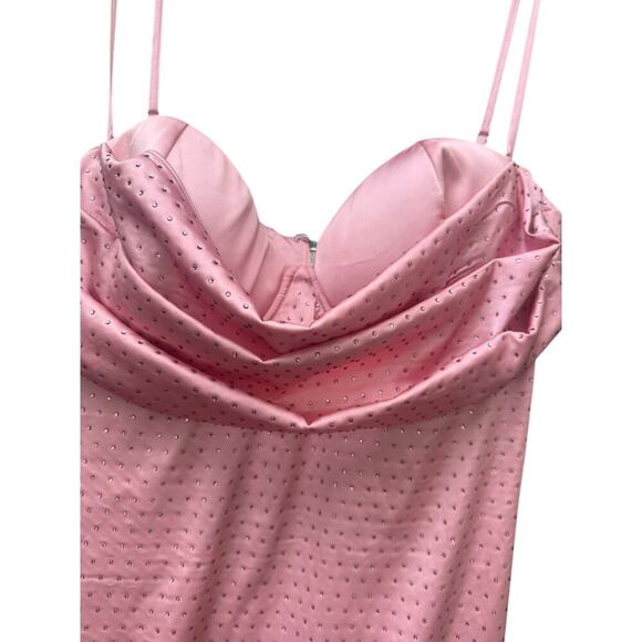 Oh Polly Sparkly Pink Satin Mini Dress – Rhinestone Cowl Neck Party Dress, SZ 10 - Picture 4 of 10